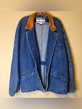Vtg 80s New River Denim Jacket L Real Leather Trim Workwear Gorpcore Dry Cleaned